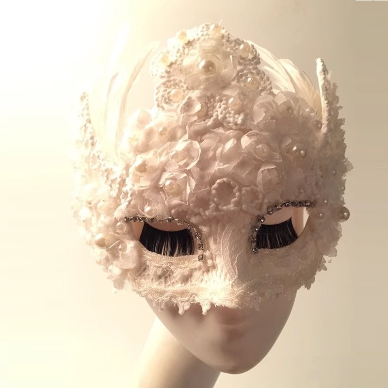 Beauty No Makeup - Masque en dentelle de plumes blanches,